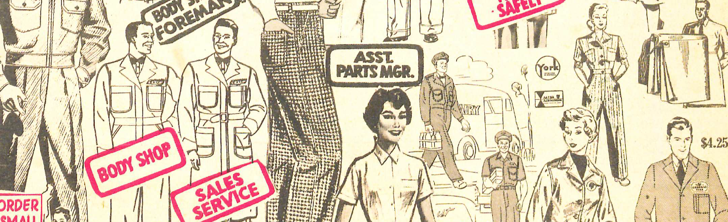 Hero image, cropped from cover of Industrial Uniform Co. Catalogue, circa 1960.